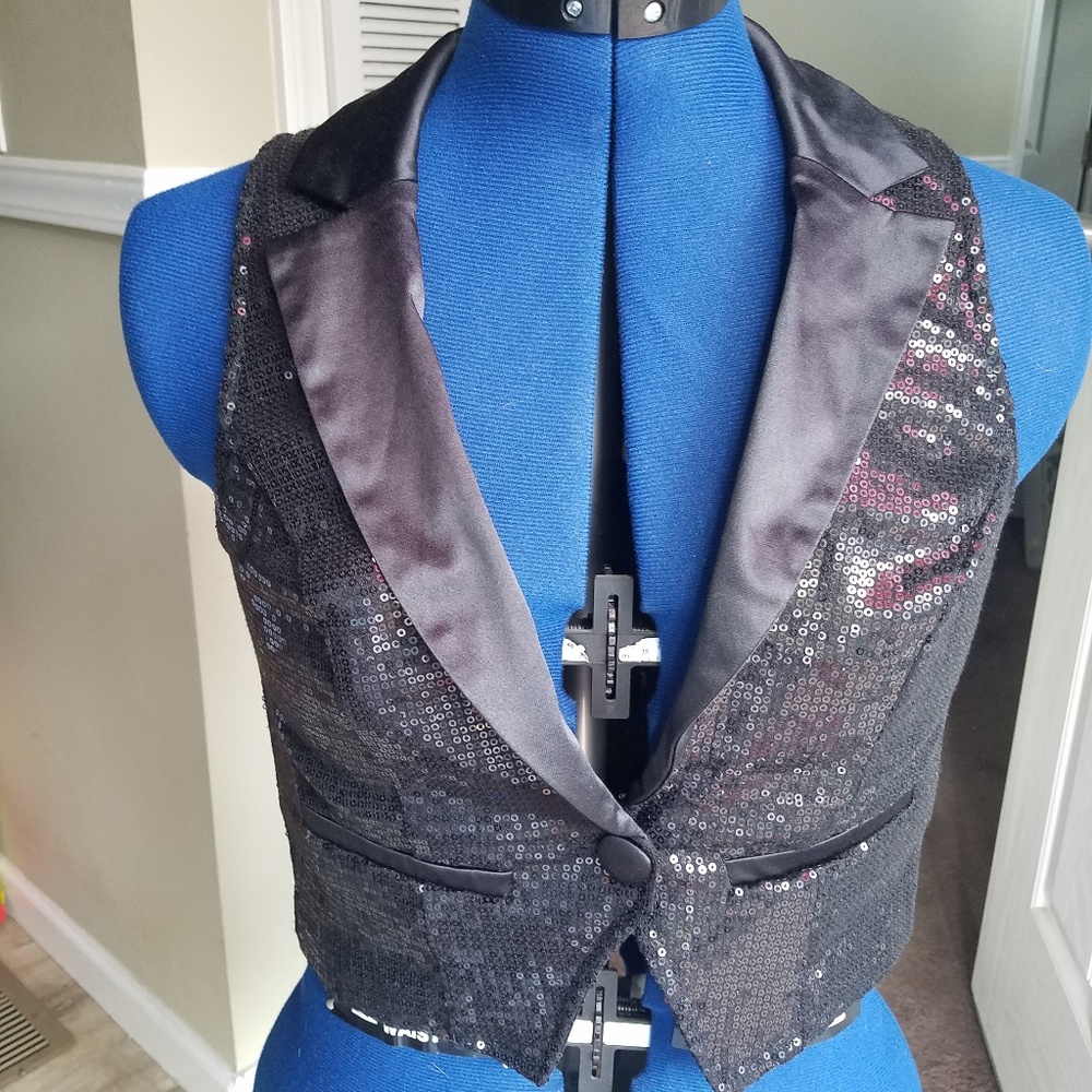 Black Sequined Tuxedo Vest Size Small